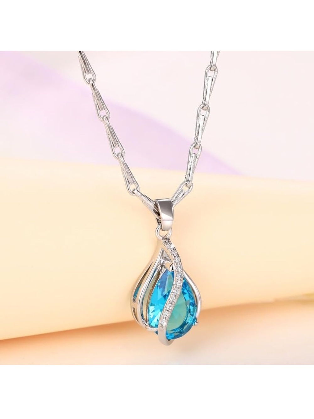 Romantic Blue Teardrop Pendant Necklace - Silvertone B65 - Picture 3 of 7